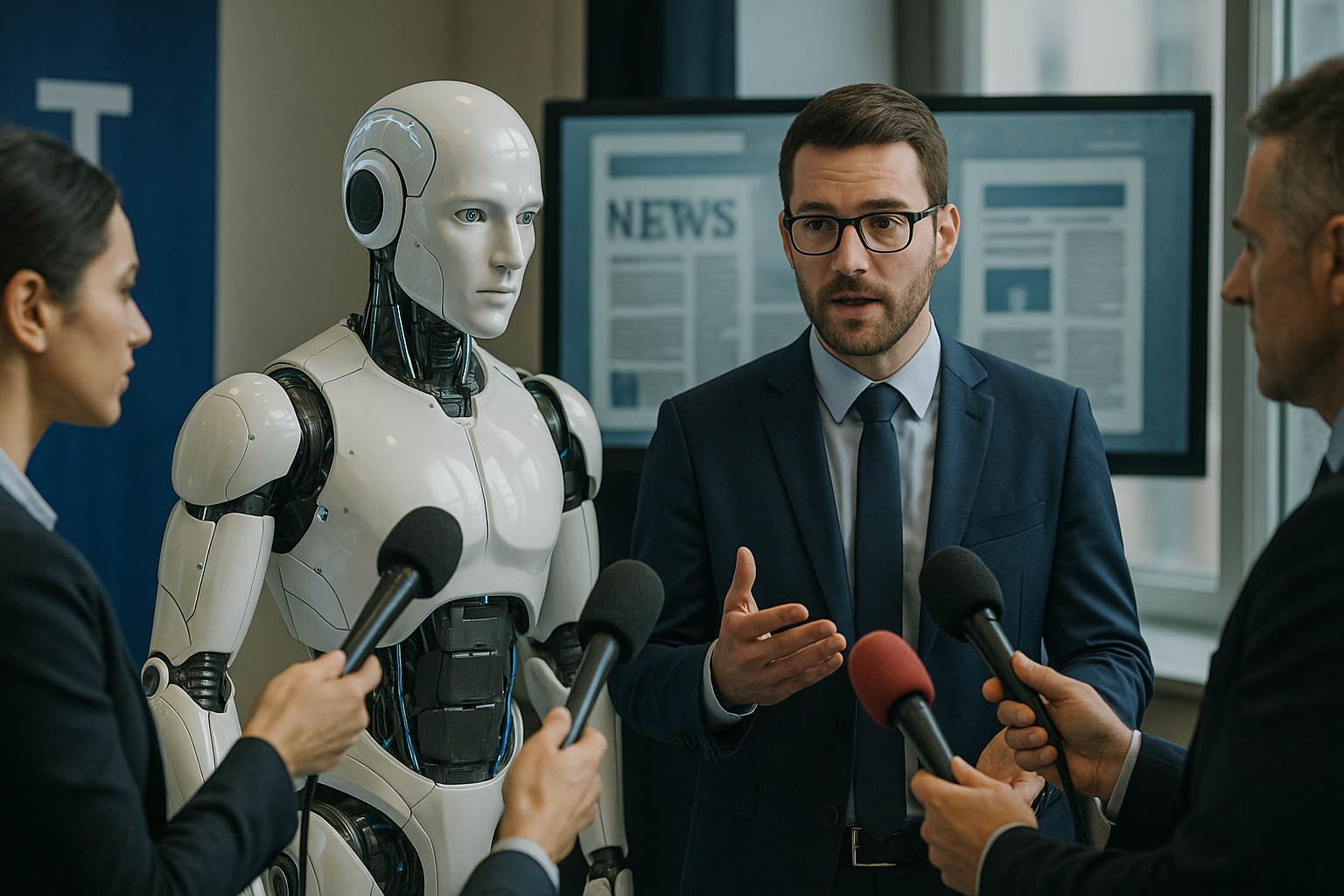 Ein Roboter als Pressesprecher in einer Pressekonferenz (KI-Bild)