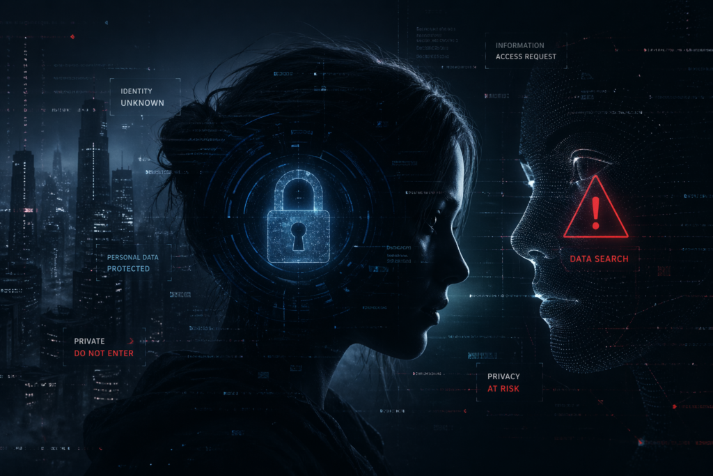 Eine reale Person und ein digitales Gesicht stehen sich gegenüber. Ein leuchtendes Schloss und Warnsymbole zeigen den Konflikt zwischen Privatsphäre und Datenzugriff.