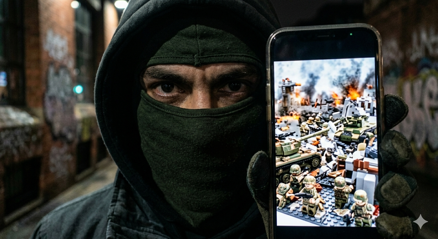 Vermumter Mann zeigt Handy in die Kamera. Handybildschirm zeigt Krieg in Lego-Optik