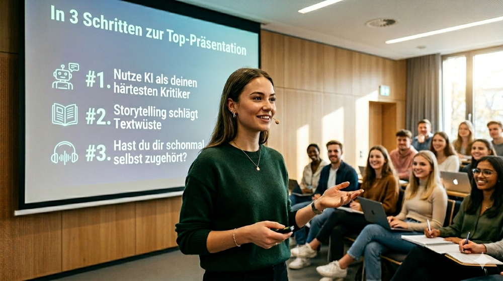 Ki-generiertes Bild einer jungen Frau, die vor einem Publikum die drei Schritte zur Top Präsentation vorstellt.