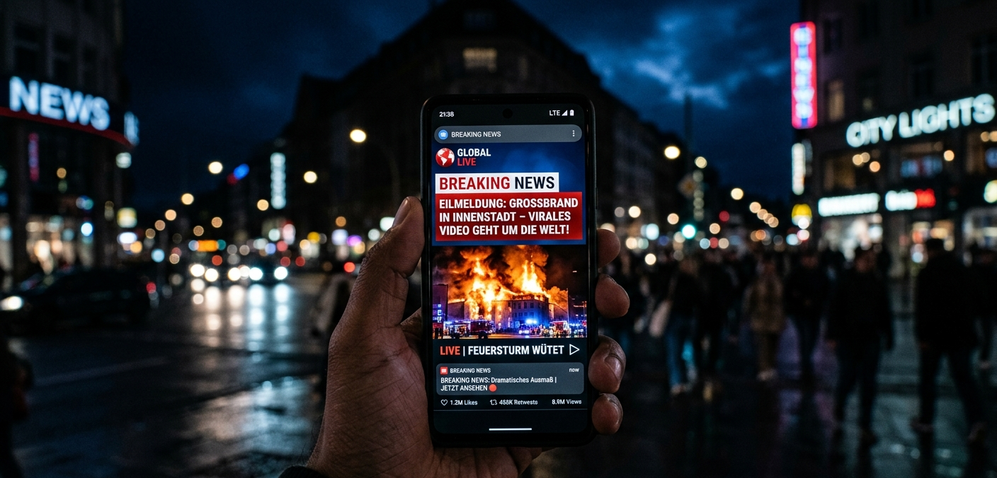 Ein Smartphone in einer Hand, auf dem Screen ein virales Video oder Breaking-News-Benachrichtigungen (KI-generiert)