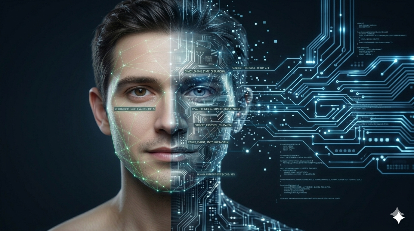 Portait eines Mannes, der halb als Mensch und halb als visualisierte KI dargestellt ist.