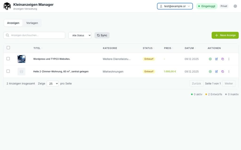 Kleinanzeigen-Manager - Verwaltung